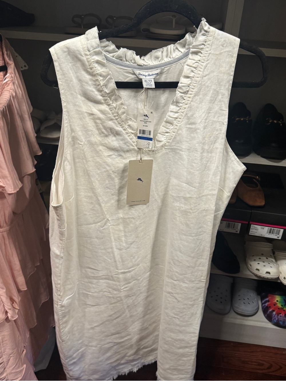 Tommy Bahama White Linen Ruffle V-Neck Sleeveless Tunic